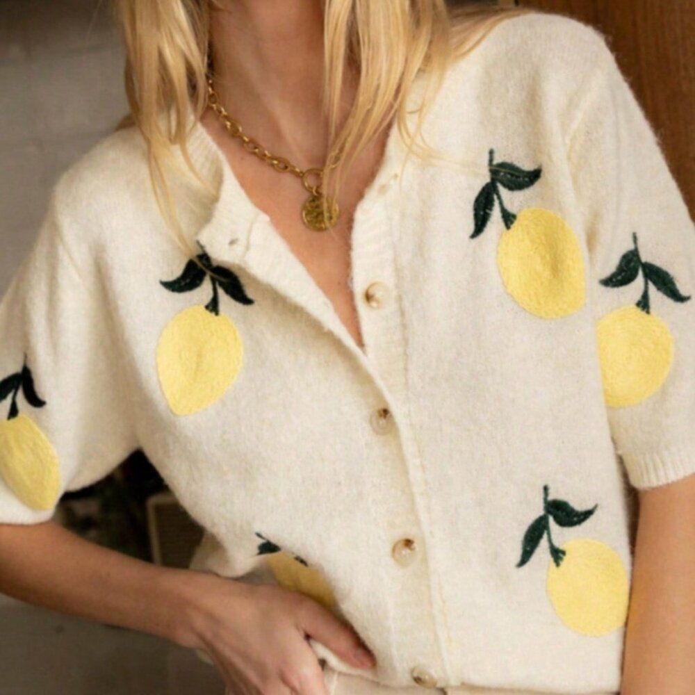 Beige Casual Women's Knit Crew Neck Cardigan with Lemon Embroidery
